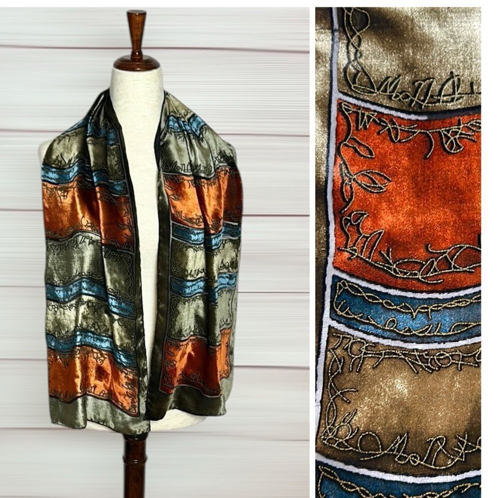 Silk Velvet Oblong Scarf Embroidered Burnt Orange Olive Green Black Lining